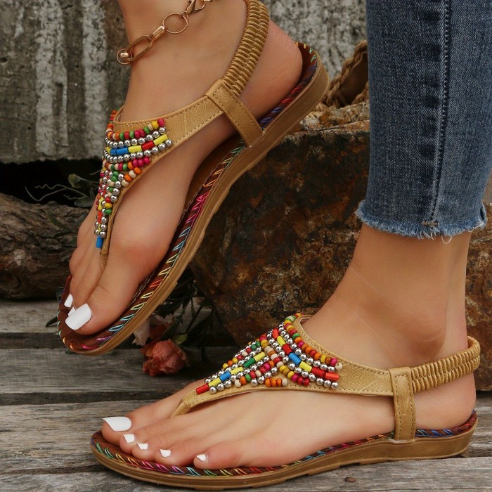 Boho Style Flat Thong Sandals, Colorful Beads Elastic Strap Slip On Shoes, Women's Casual Sandals