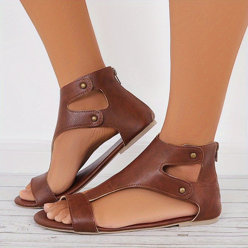 Women's Retro Flat Sandals, Peep Toe Back Zipper Cut-out Non Slip Shoes, Casual Summer Sandals