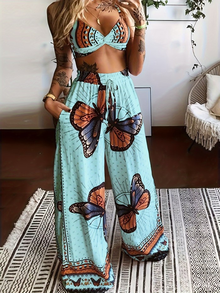 Boho Butterfly Print Two-piece Set, Crop Cami Top & Wide Leg Pants Outfits, Women's Clothing
