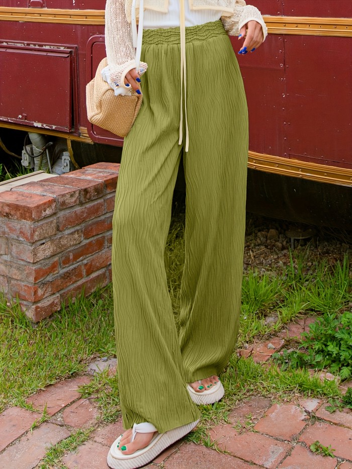 Solid Textured Wide Leg Pants, Casual High Waist Loose Pants, Women's Clothing