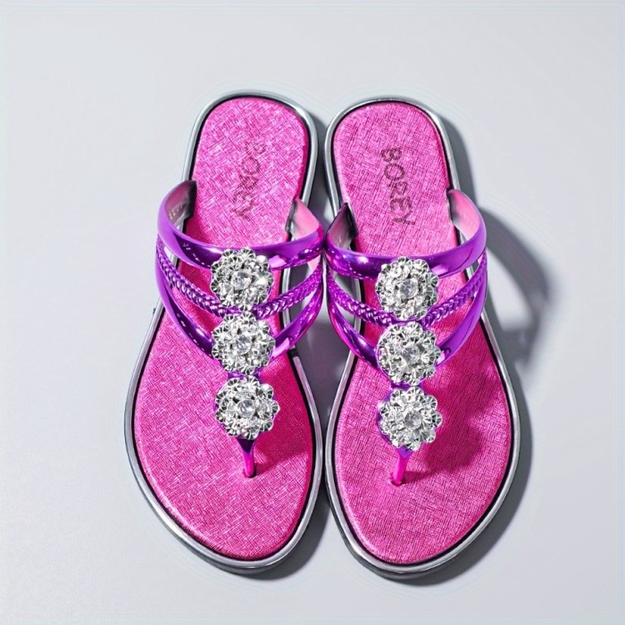 Women's Rhinestone Decor Flip Flops, Casual Clip Toe Summer Shoes, Lightweight Slide Sandals