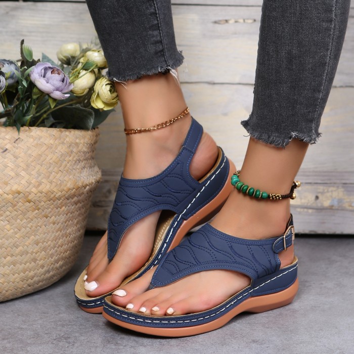 Women's Thone Wedge Sandals, Solid Color Ankle Buckle Strap Slingback Open Toe Shoes, Casual Retro Shoes