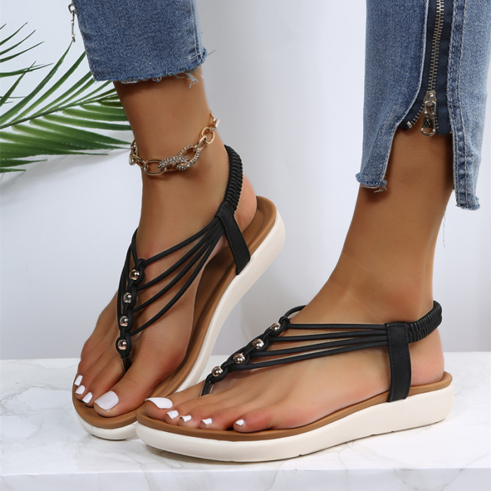 Women's Flat Thong Sandals, Boho Style Beads Elastic Strap Slip On Shoes, Casual Beach Sandals