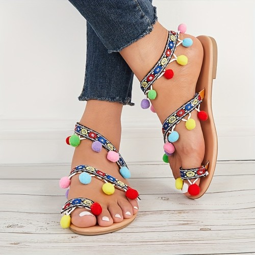Women's Colorful Flat Samdals, Boho Style Toe Loop Slip On Shoes, Summer Beach Sandals