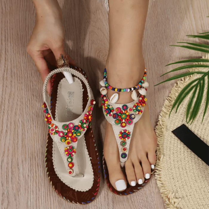 Women's Colorful Beads Flat Sandals, Boho Style Open Toe Elastic Strap Non Slip Shoes, Tribal Style Sandals