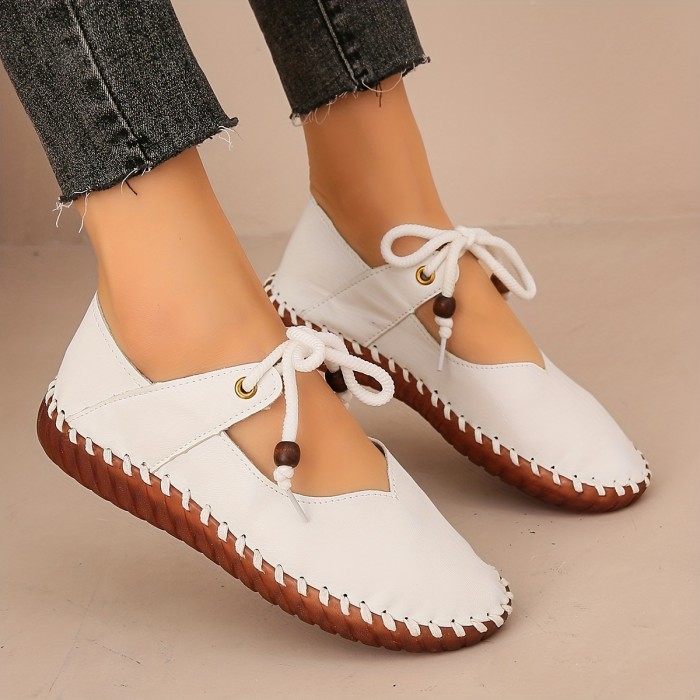 Women's Lace Up Flat Shoes, Comfortable Solid Color Soft Sole Shoes, Retro Lightweight Daily Outdoor Flats