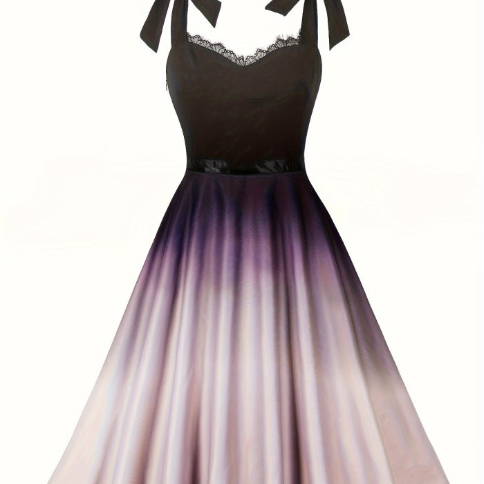 Ombre Contrast Lace Waist Dress, Tie Strap Sweetheart Neck Vintage Dress, Women's Clothing