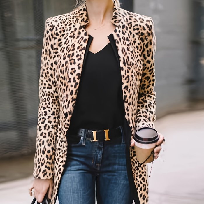 Long Sleeve Open Front Leopard Blazer Jacket, Office Lapel Casual Jacket, Women's Clothing