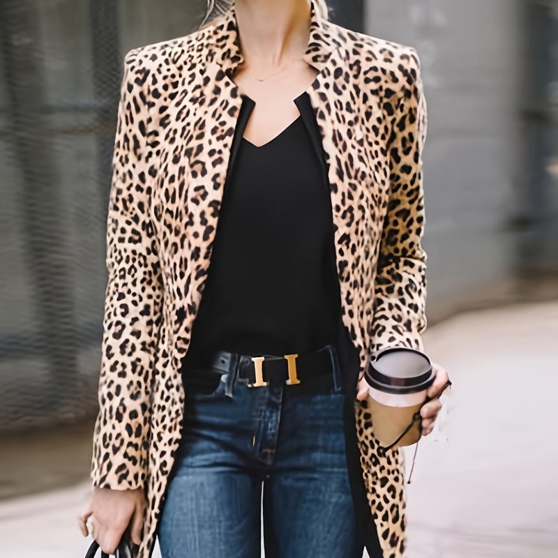 Long Sleeve Open Front Leopard Blazer Jacket, Office Lapel Casual Jacket, Women's Clothing