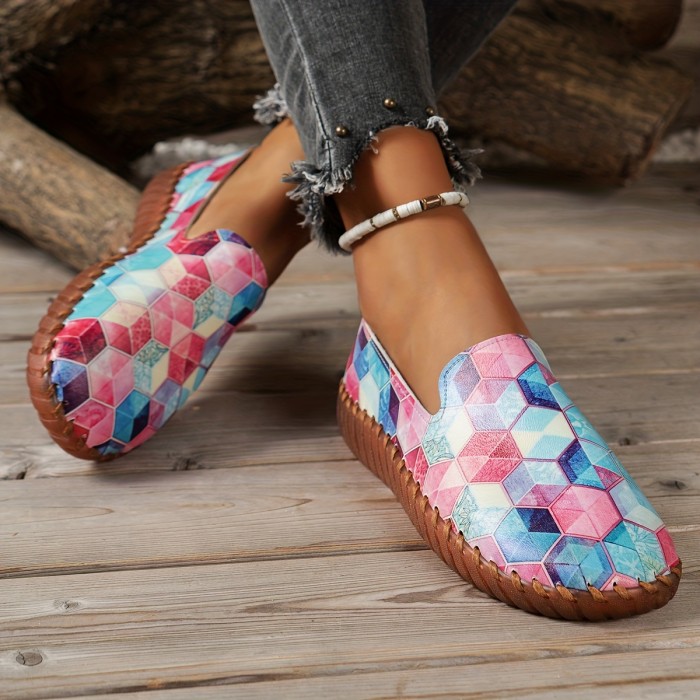 Women's Floral Print Flat Shoes, Retro Low Top Slip On Faux Leather Shoes, Comfy Casual Soft Sole Flats
