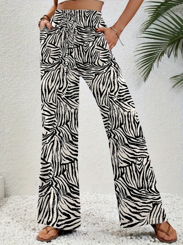 Slant Pockets Wide Leg Pants, Elegant Allover Print Drawstring Pants For Spring & Summer, Women's Clothing