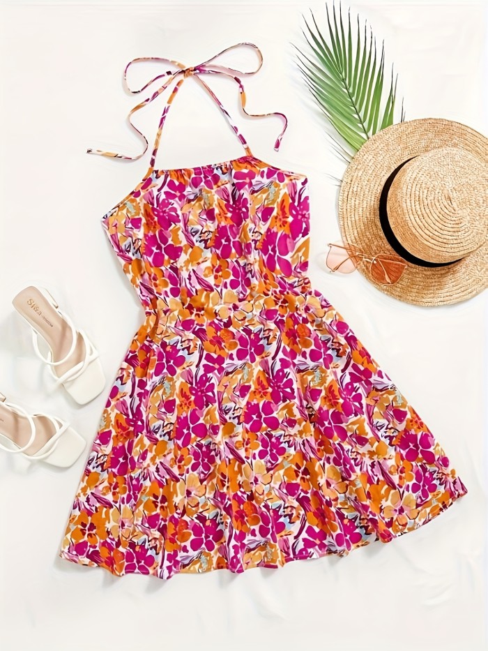 Floral Print Halter Neck Bow Dress, Vacation Sleeveless Dress For Spring & Summer, Women's Clothing