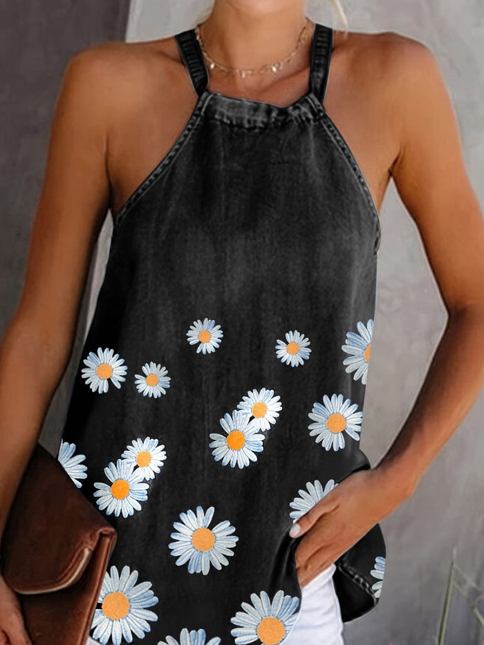 Floral Graphic Halter Neck Vest Top, Sexy Tie Back Summer Cami Tank Top, Women's Clothing