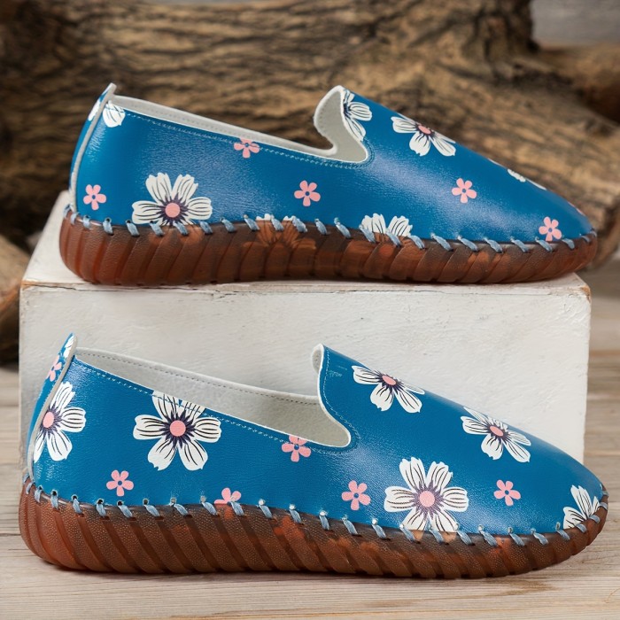 Women's Floral Print Flat Shoes, Retro Low Top Slip On Faux Leather Shoes, Comfy Casual Soft Sole Flats