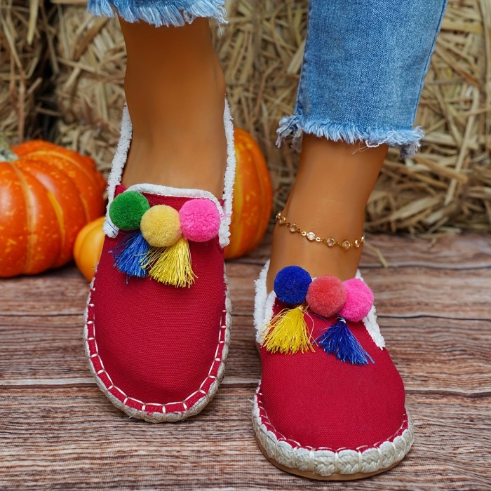 Women's Tassel Pom-pom Flat Shoes, Tribal Style Low Top Slip On Espadrille Shoes, Casual Soft Sole Flats