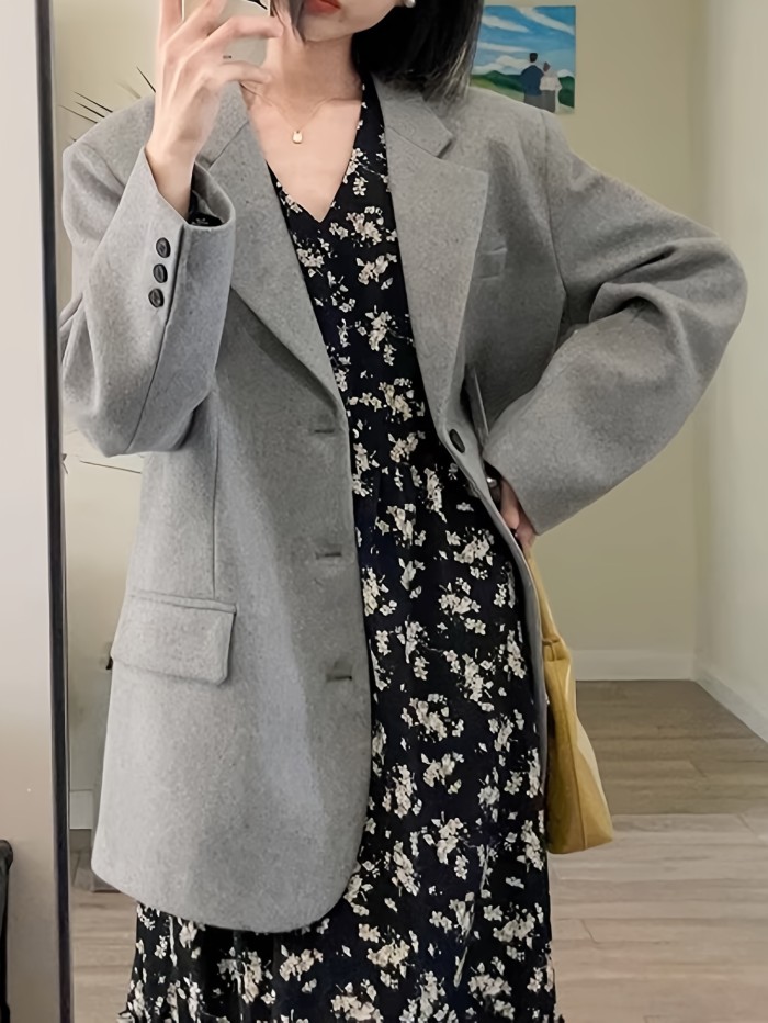 Single Breasted Lapel Blazer, Casual Solid Long Sleeve Outerwear, Women's Clothing