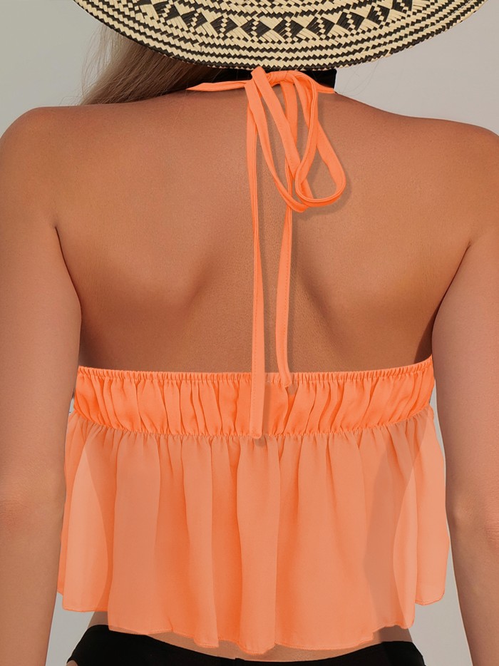 Ruffle Trim Halter Neck Top, Vacation Style V-neck Backless Halter Top For Summer, Women's Clothing
