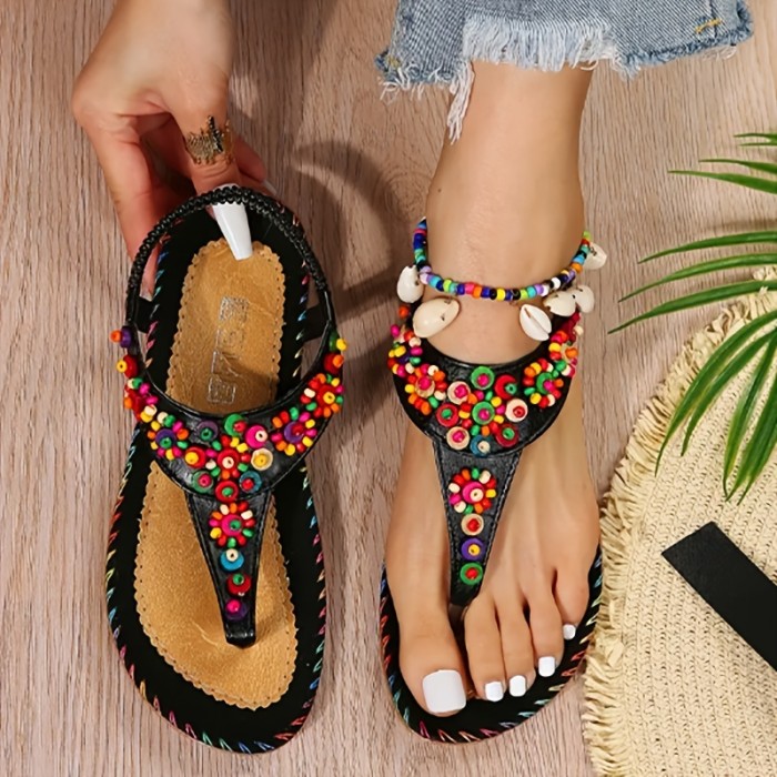 Women's Colorful Beads Flat Sandals, Boho Style Open Toe Elastic Strap Non Slip Shoes, Tribal Style Sandals