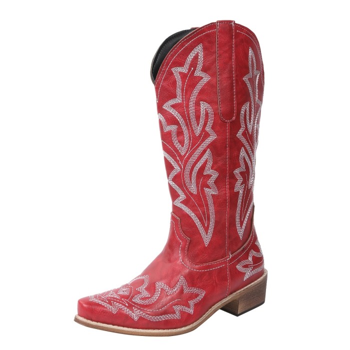 Women's Western Mid Calf Boots, V-cut Embroidery Cowgirl Boots, Retro Style Pointed Toe Slip On Shoes