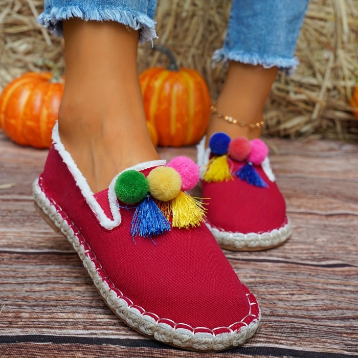 Women's Tassel Pom-pom Flat Shoes, Tribal Style Low Top Slip On Espadrille Shoes, Casual Soft Sole Flats