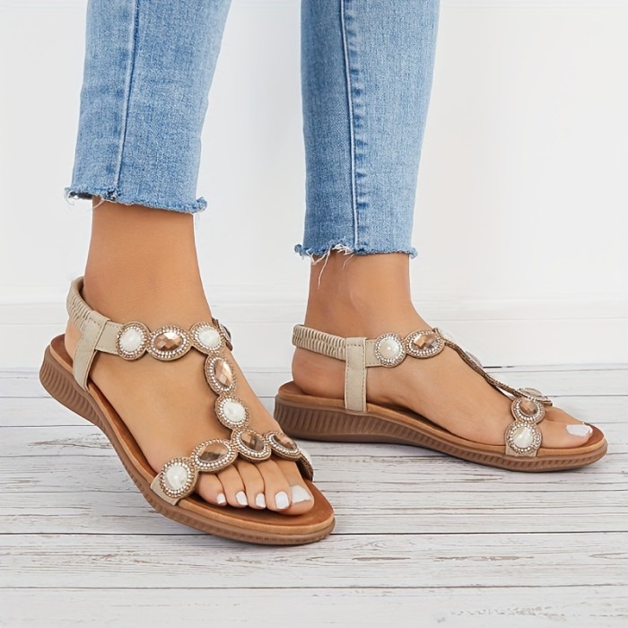 Women's Rhinestone Flat Sandals, Boho Style T-strap Elastic Strap Slip On Shoes, Casual Beach Sandals