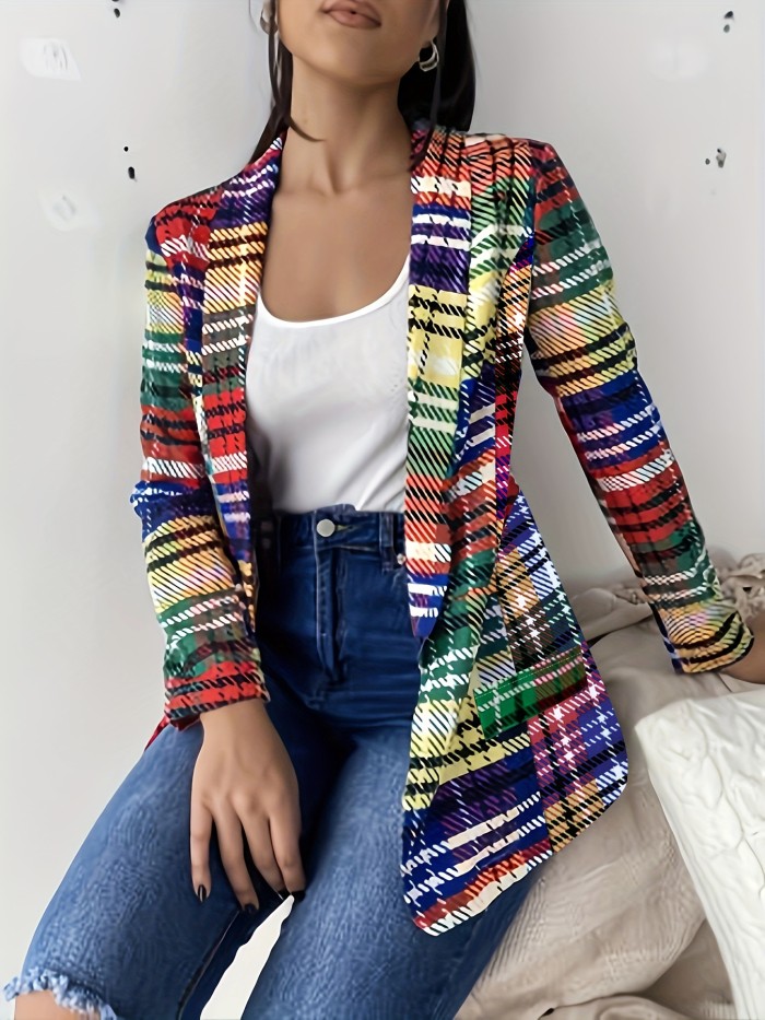 Casual Plaid Colorful Lapel Blazer, Casual Every Day Top For Spring & Fall, Women's Clothing