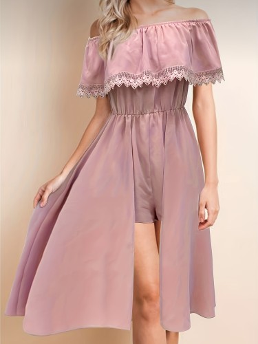 Contrast Lace Foldover Dress, Elegant Off Shoulder Slim Waist Dress, Women's Clothing