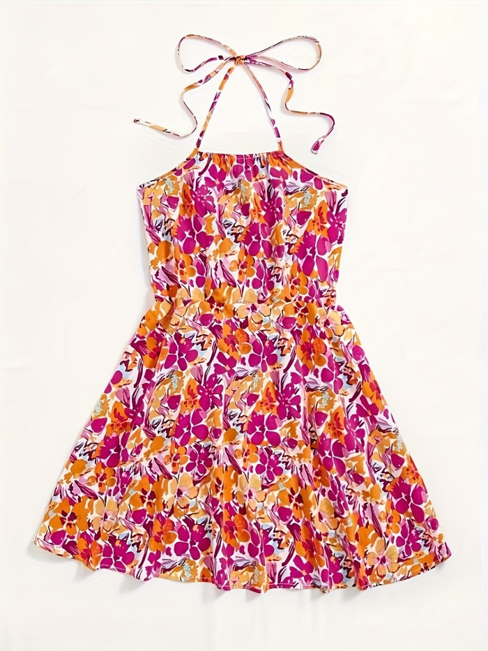 Floral Print Halter Neck Bow Dress, Vacation Sleeveless Dress For Spring & Summer, Women's Clothing