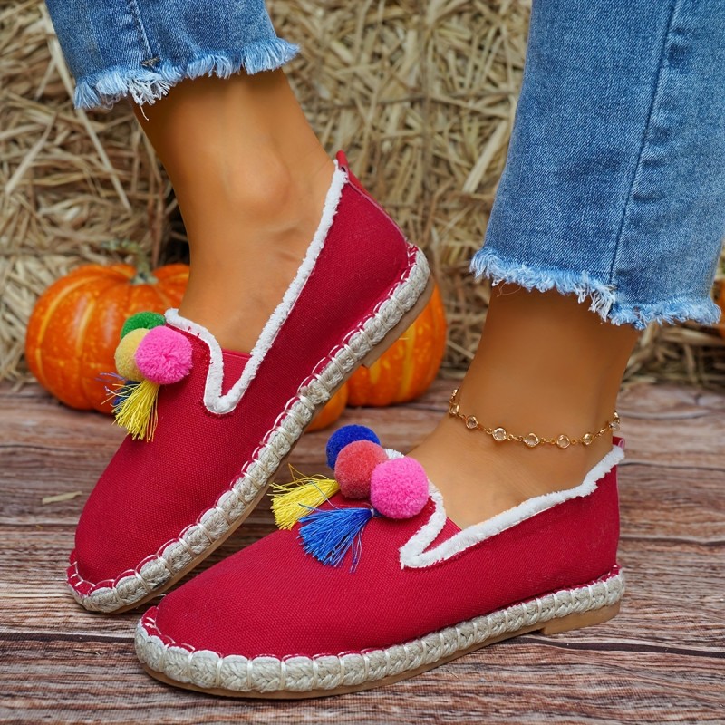 Women's Tassel Pom-pom Flat Shoes, Tribal Style Low Top Slip On Espadrille Shoes, Casual Soft Sole Flats