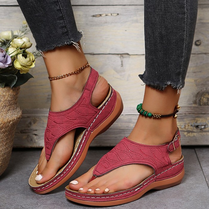 Women's Thone Wedge Sandals, Solid Color Ankle Buckle Strap Slingback Open Toe Shoes, Casual Retro Shoes