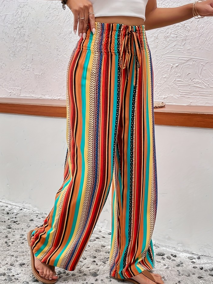 Stripe Print Wide Leg Pants, Casual Drawstring Loose Pants For Spring & Summer, Women's Clothing