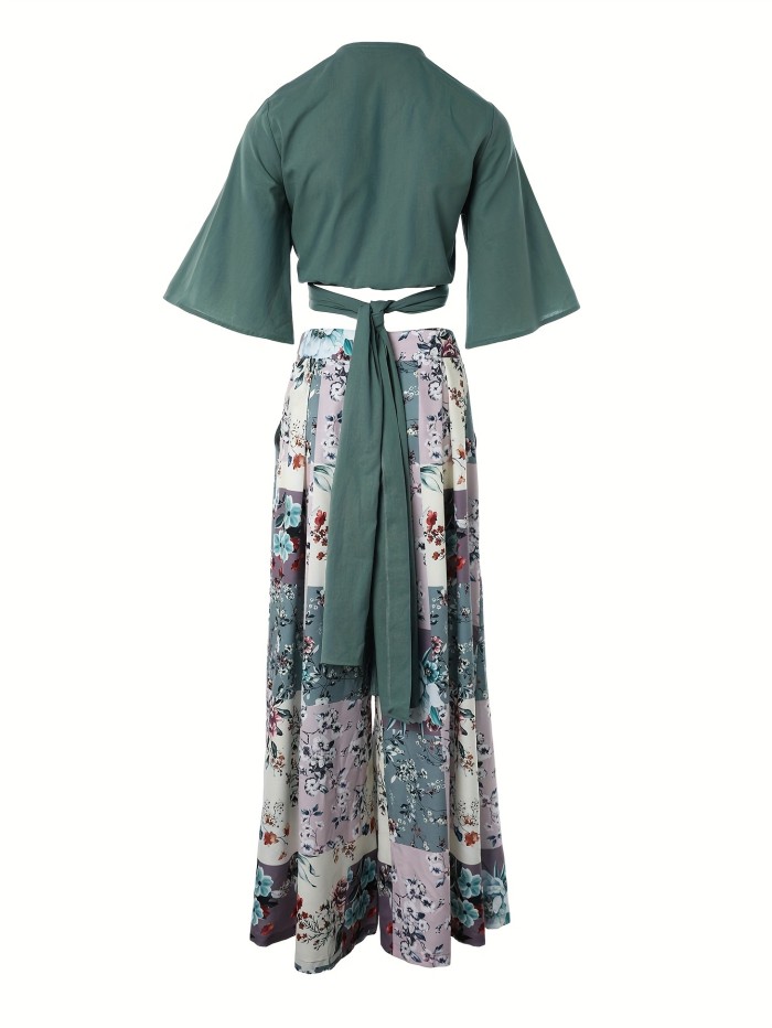 Casual Loose Two-piece Skirt Set, Bell Sleeve Tie-waist Crop Top & Floral Print Maxi Length Skirt Outfits, Women's Clothing