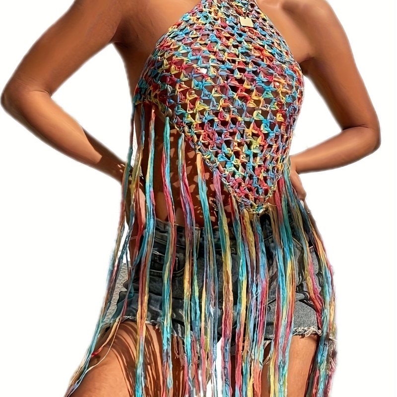 Colorful Fringe Hem Halter Top, Versatile Backless Vacation Style Knitted Top, Women's Clothing