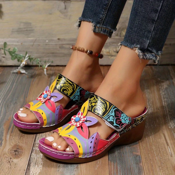 Women's Flower Decor Wedge Sandals, Comfortable Open Toe Summer Shoes, Women's Ethnic Style Shoes