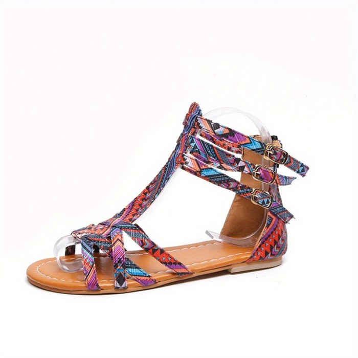 Women's Colorful Graffiti Pattern Sandals, Casual Buckle Straps & Back Zipper Shoes, Lightweight Summer Flat Sandals