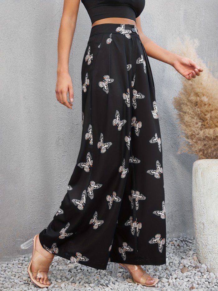 Butterfly Print Wide Leg Pants, Casual Pleated High Waist Pants, Women's Clothing