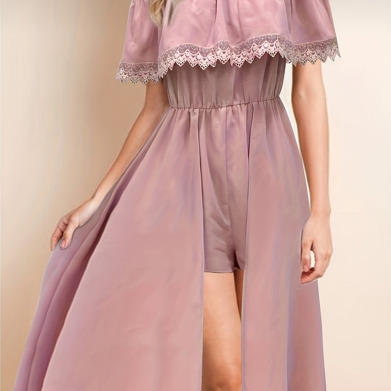 Contrast Lace Foldover Dress, Elegant Off Shoulder Slim Waist Dress, Women's Clothing