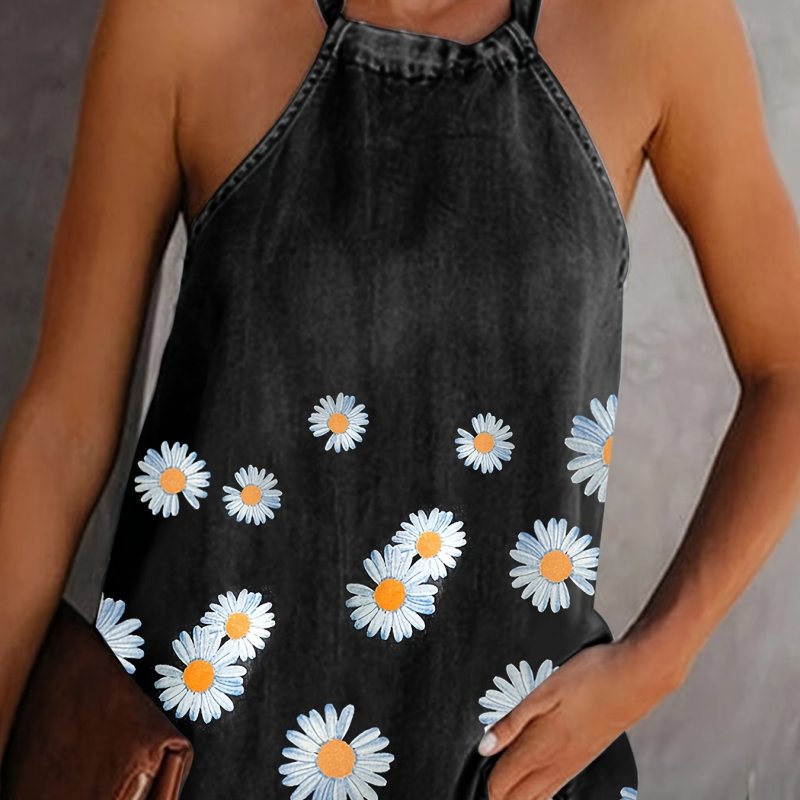 Floral Graphic Halter Neck Vest Top, Sexy Tie Back Summer Cami Tank Top, Women's Clothing