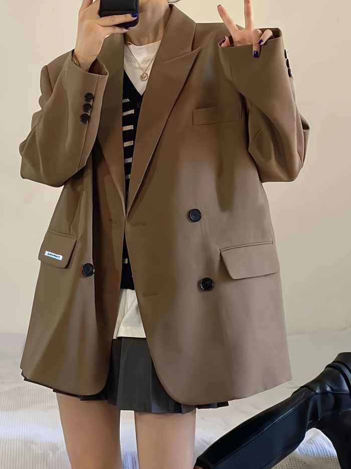 Solid Double Breasted Lapel Blazer, Vintage Long Sleeve Blazer For Fall & Winter, Women's Clothing