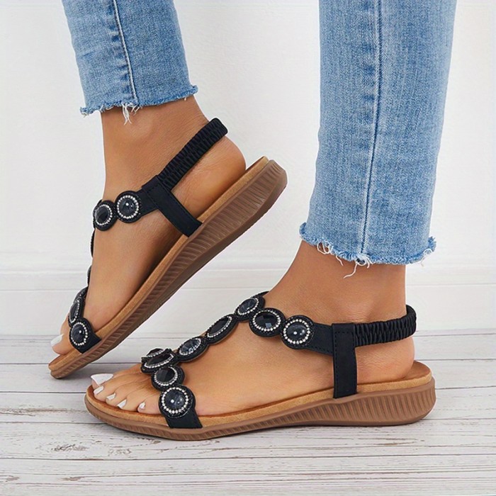 Women's Rhinestone Flat Sandals, Boho Style T-strap Elastic Strap Slip On Shoes, Casual Beach Sandals
