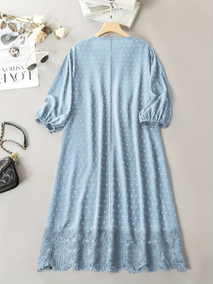 Plus Size Elegant Dress, Women's Plus Swiss Dot Contrast Lace Panel Puff Sleeve V Neck Slight Stretch Dress