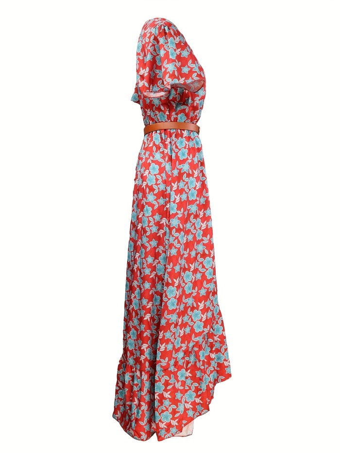 Floral Print Surplice Neck Dress, Boho Short Sleeve High Waist Maxi Dress, Women's Clothing