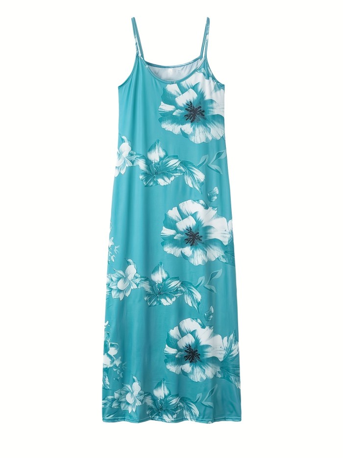 Random Floral Print Spaghetti Dress, Sexy Sleeveless Plunging Maxi Dress, Women's Clothing