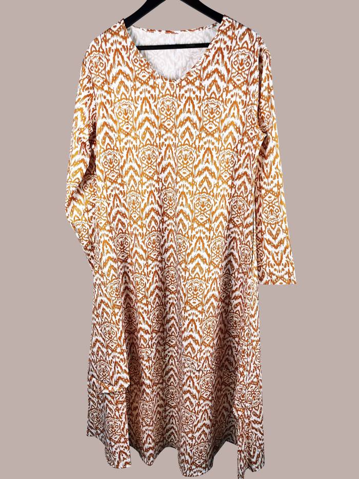 Ikat Print V Neck Dress, Boho Long Sleeve Maxi Dress For Spring & Fall, Women's Clothing