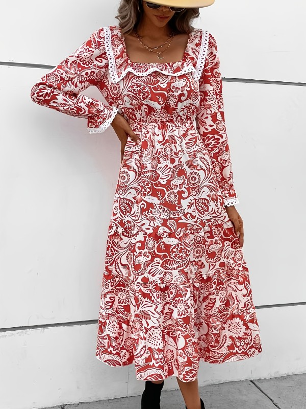 Paisley Print Contrast Lace Dress, Boho Squared Neck Long Sleeve Dress, Women's Clothing