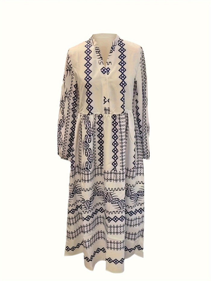 Ethnic Geo Print V Neck Dress, Casual Long Sleeve Dress For Spring & Fall, Women's Clothing