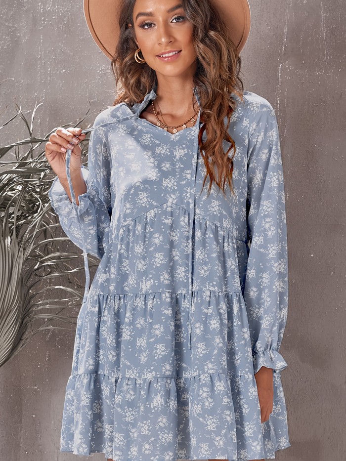 Floral Print Bohemian Dress, Long Sleeve Casual Dress For Spring & Fall, Women's Clothing