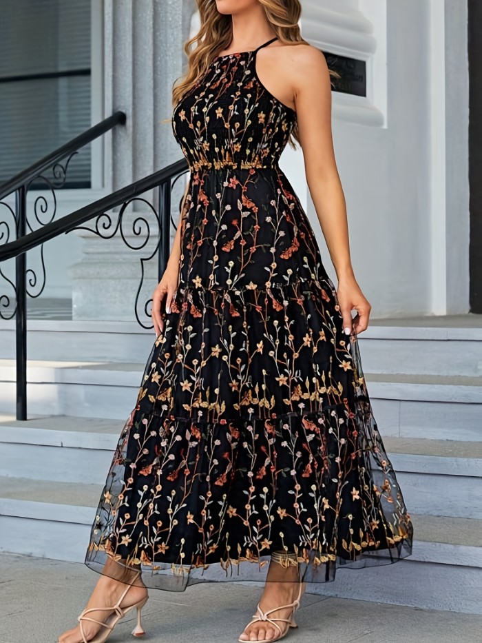 Floral Print High Waist Dress, Elegant Backless Sleeveless Maxi Dress, Women's Clothing