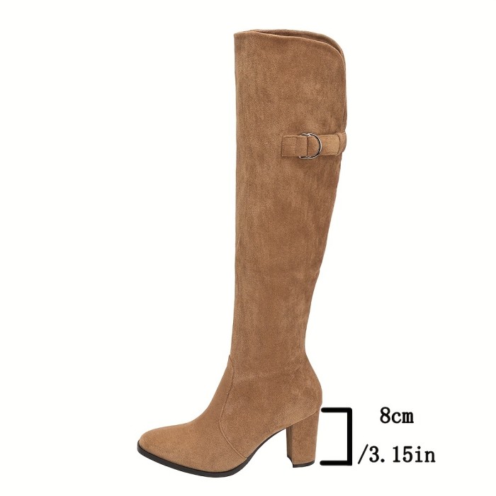 Women's Block Heeled Long Boots, Fashion Solid Color Side Zipper Winter Boots, All-Match Thin High Heeled Boots