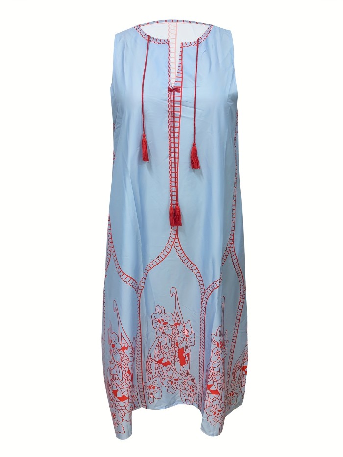 Plus Size Boho Dress, Women's Plus Floral Print Notched Neck Tassel Decor Tank Dress With Pockets